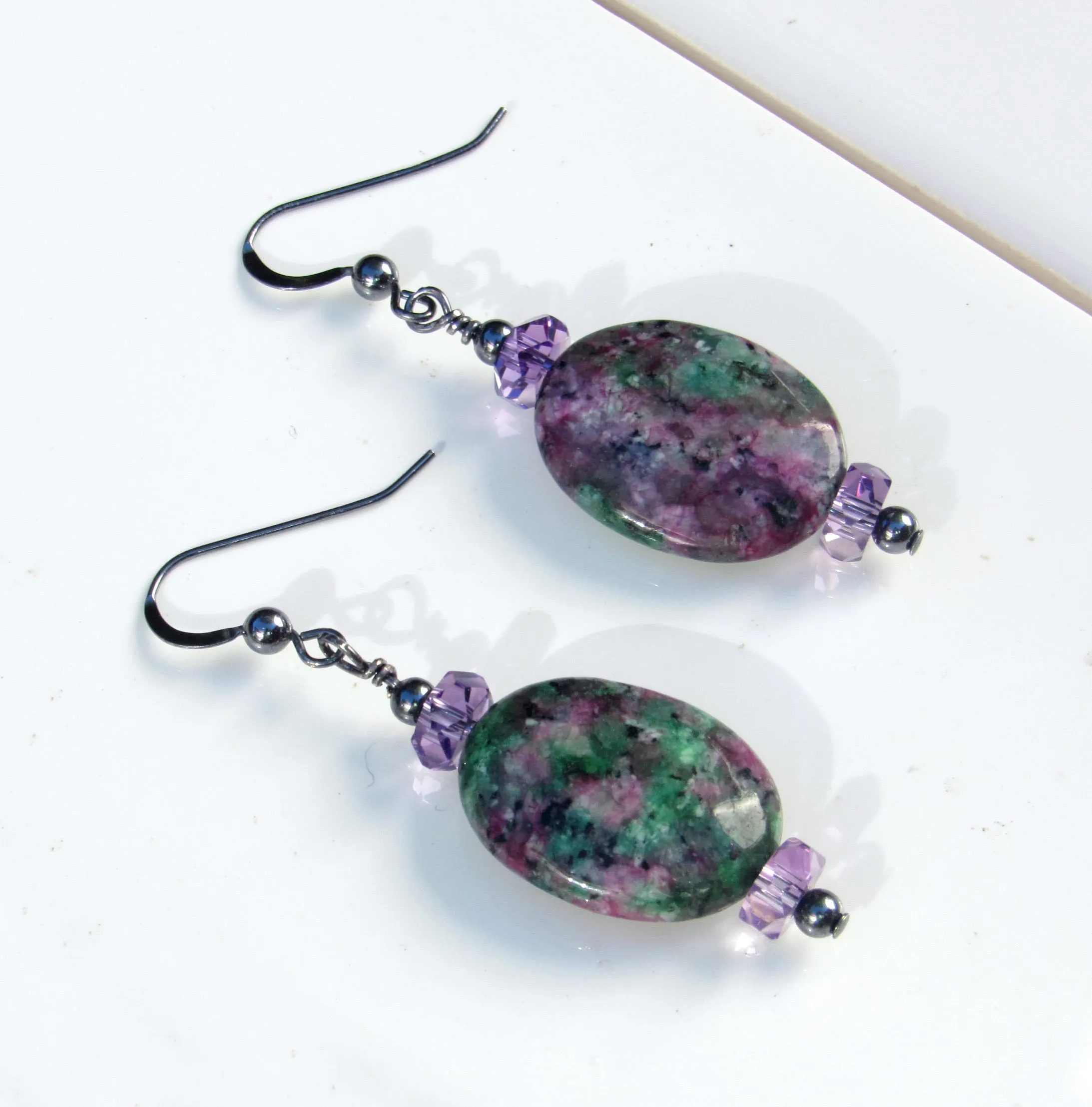 Ruby Zoisite gemstone, Amethyst, Oxidized Sterling Silver Drop Earrings