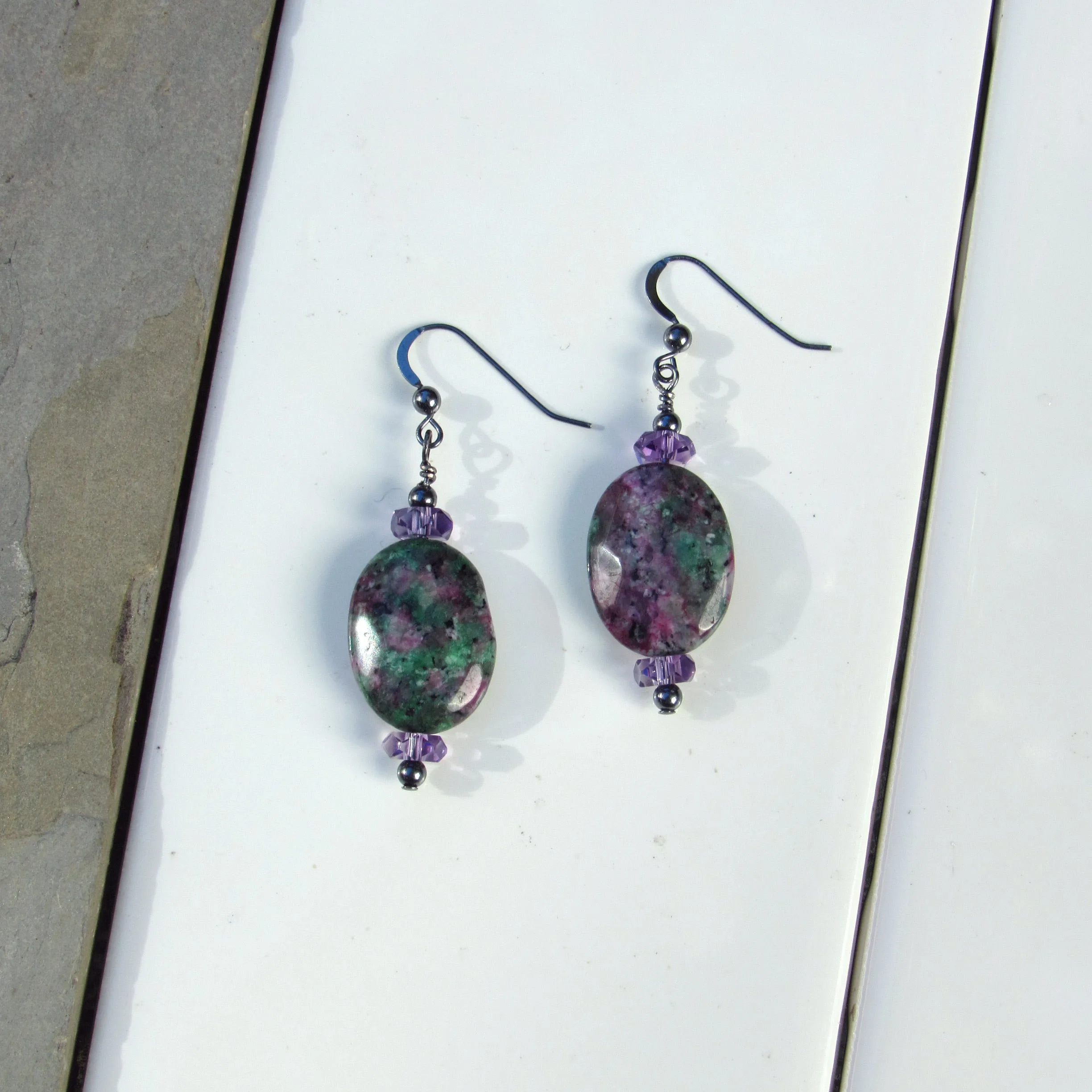 Ruby Zoisite gemstone, Amethyst, Oxidized Sterling Silver Drop Earrings