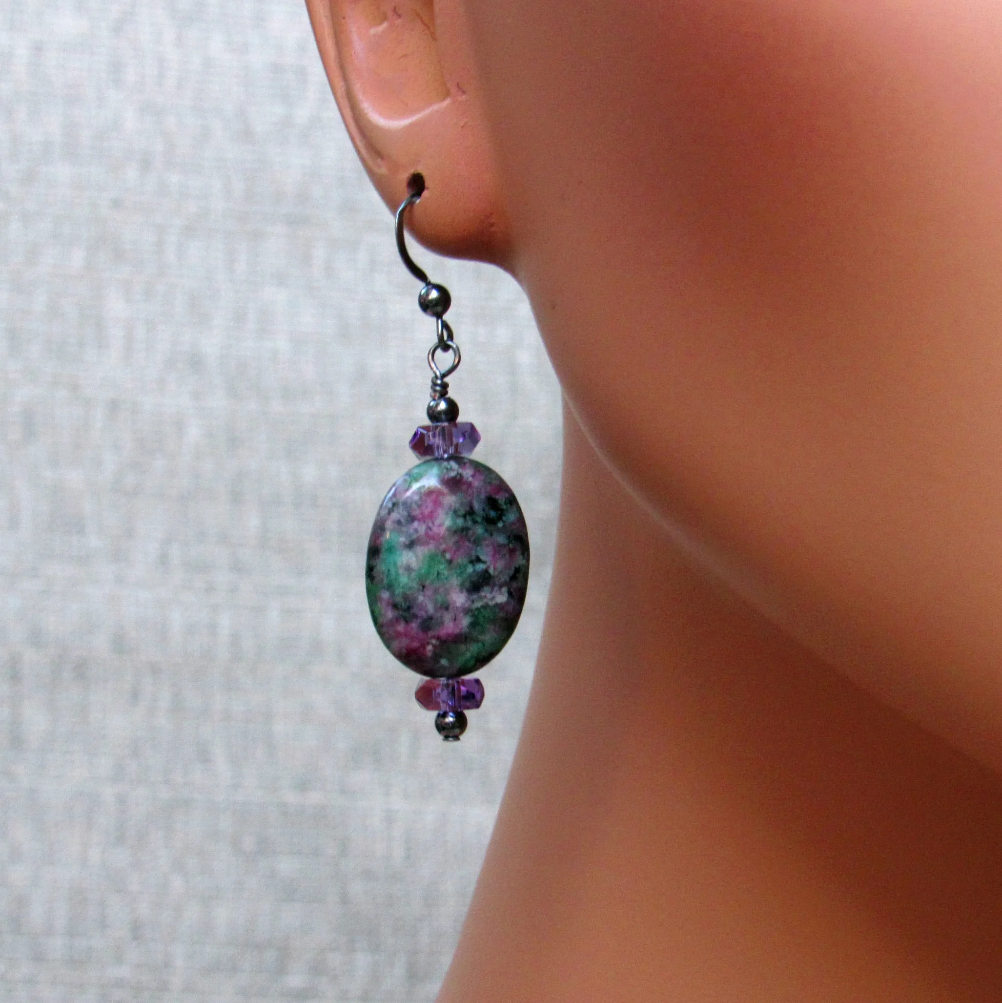 Ruby Zoisite gemstone, Amethyst, Oxidized Sterling Silver Drop Earrings