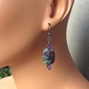 Ruby Zoisite gemstone, Amethyst, Oxidized Sterling Silver Drop Earrings