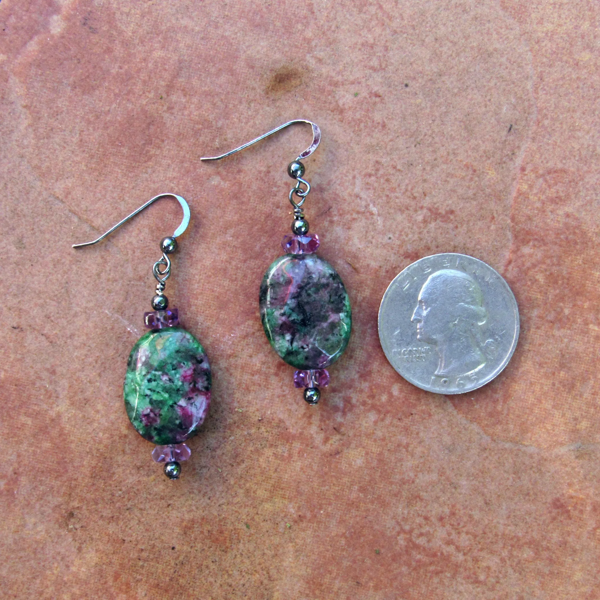 Ruby Zoisite gemstone, Amethyst, Oxidized Sterling Silver Drop Earrings