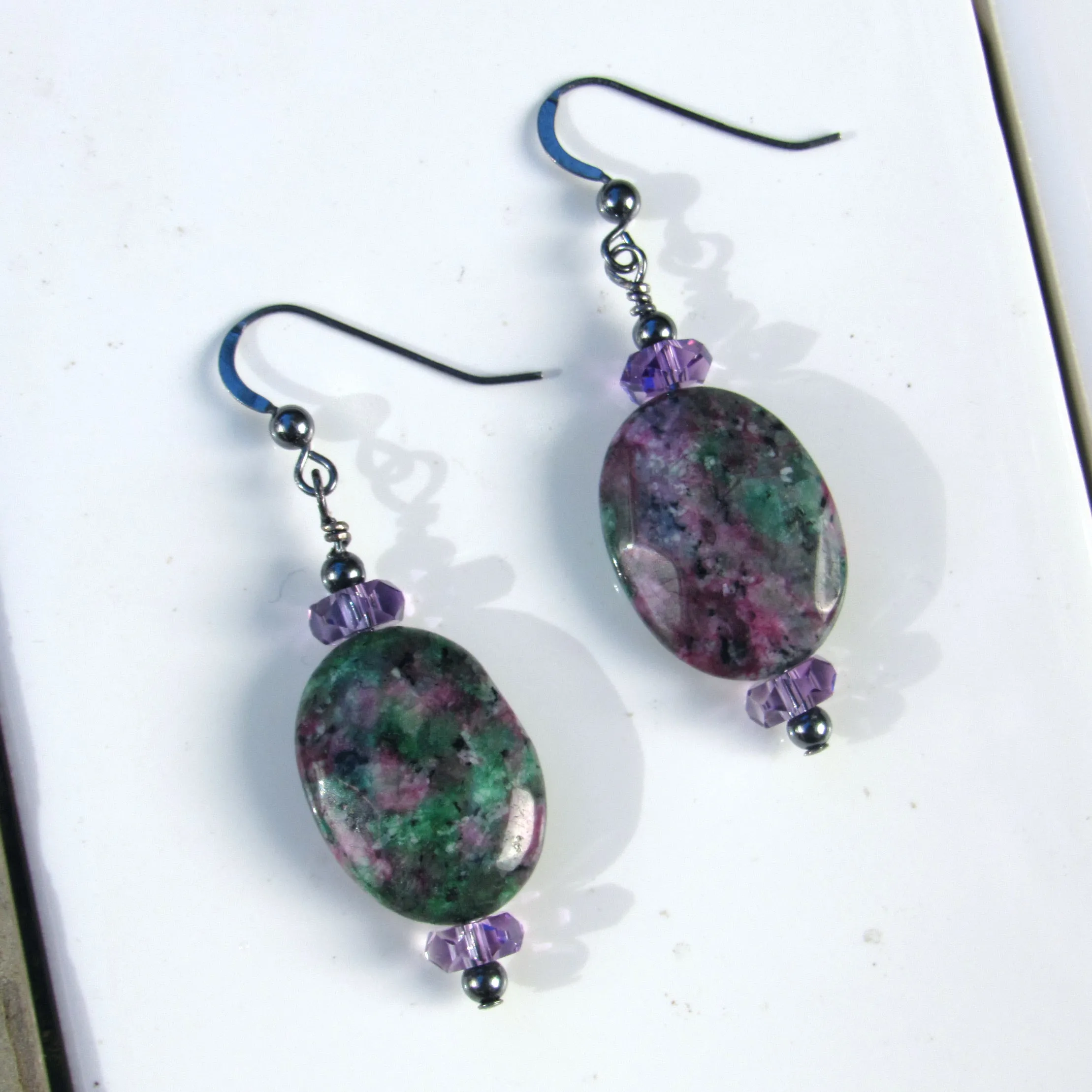 Ruby Zoisite gemstone, Amethyst, Oxidized Sterling Silver Drop Earrings