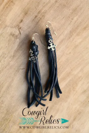 Sagrado Black Fringe and Silver Cross Earrings