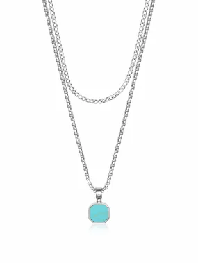 Silver Necklace Layer with 3mm Cuban Link and Turquoise Square Necklace