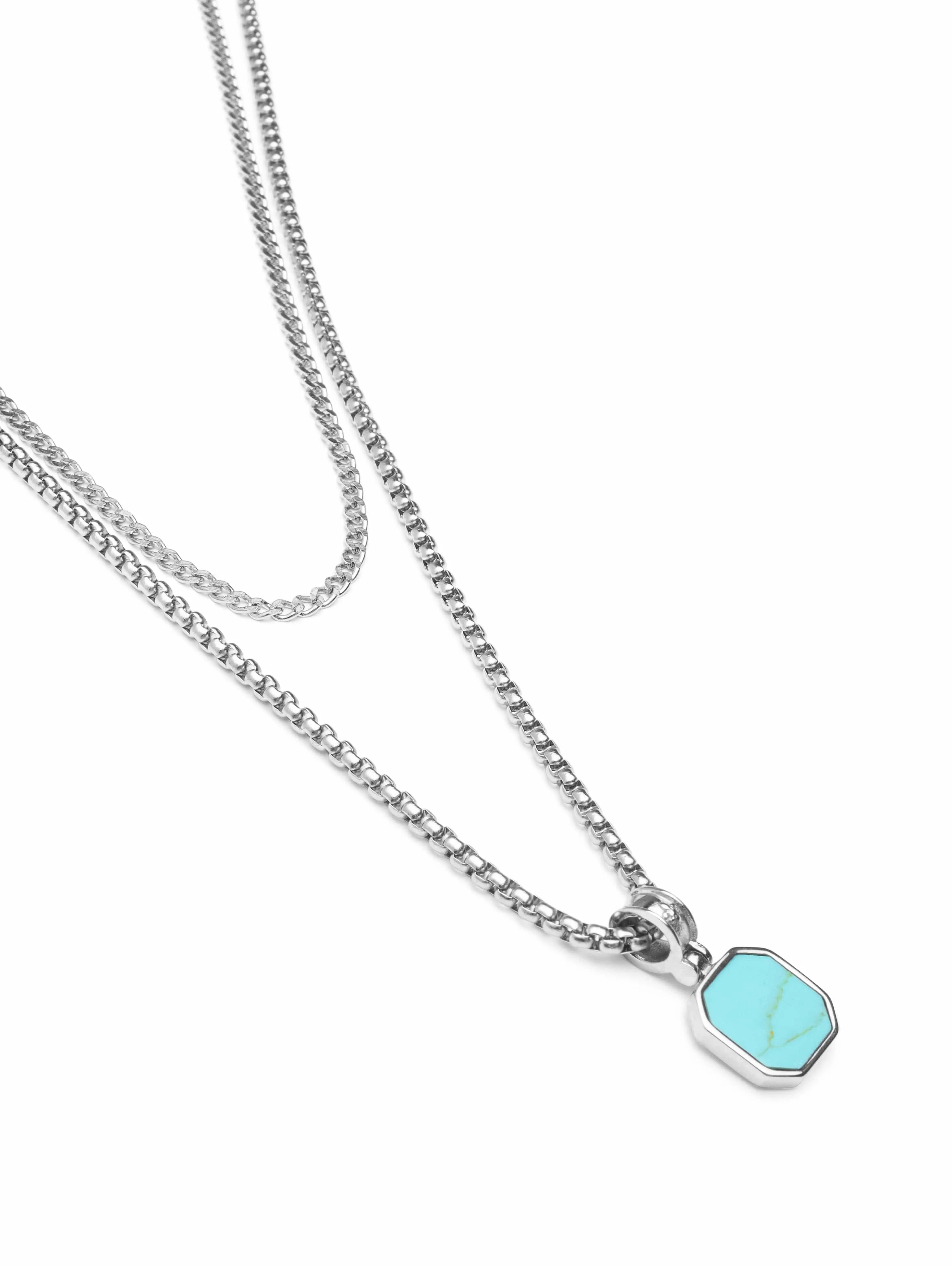 Silver Necklace Layer with 3mm Cuban Link and Turquoise Square Necklace