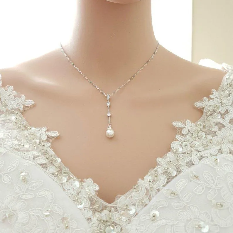 Simple Drop Back Bridal Necklace Silver- Ginger