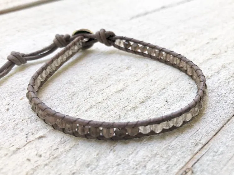 Smokey Quartz Bracelet - Smokey Quartz Wrap -  Smokey Quartz Jewelry - Om Button - Women's Bracelets - Girlfriend's Gift - Men's Jewelry