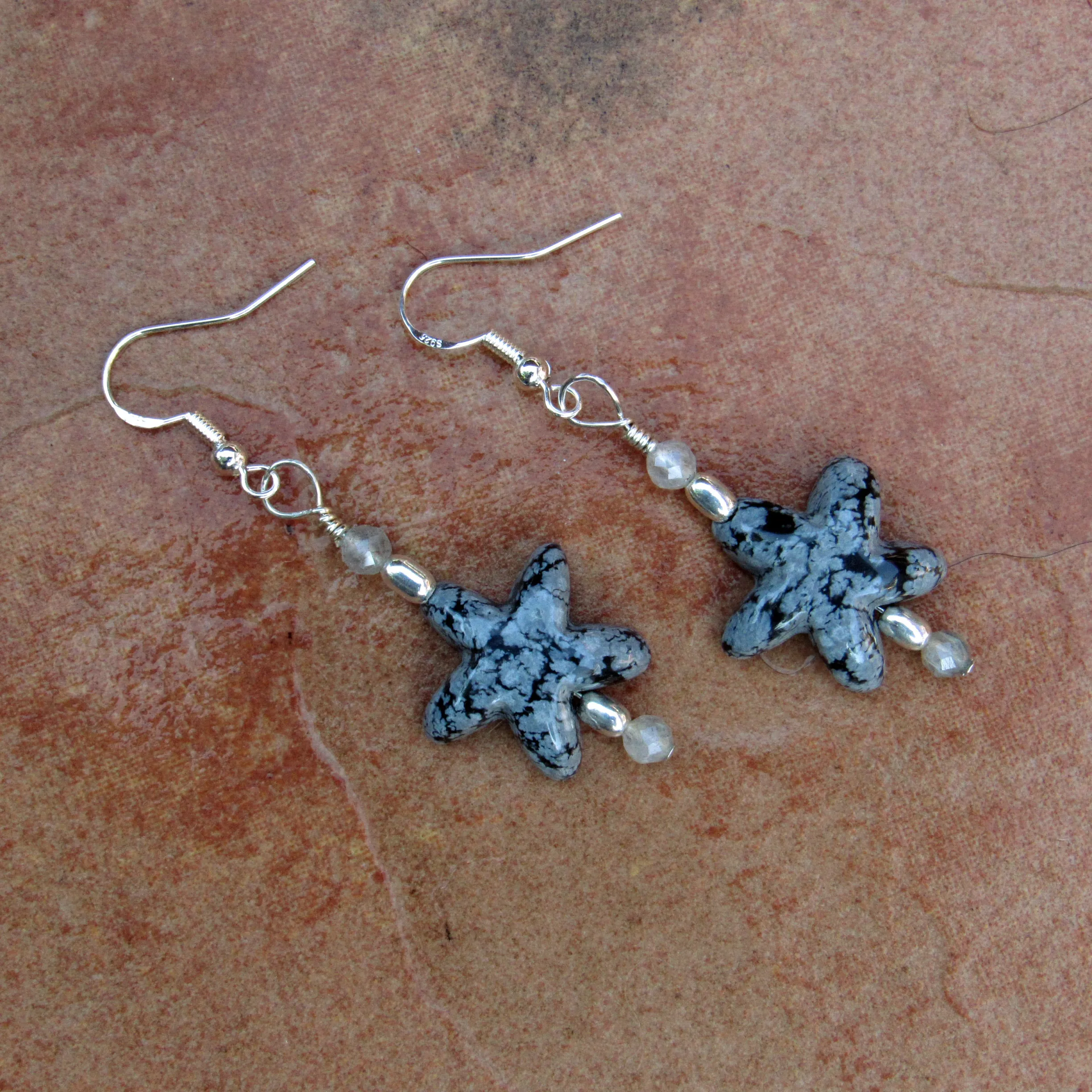 Snowflake Obsidian gemstone Stars, Labradorite, and Sterling Silver Drop Earrings