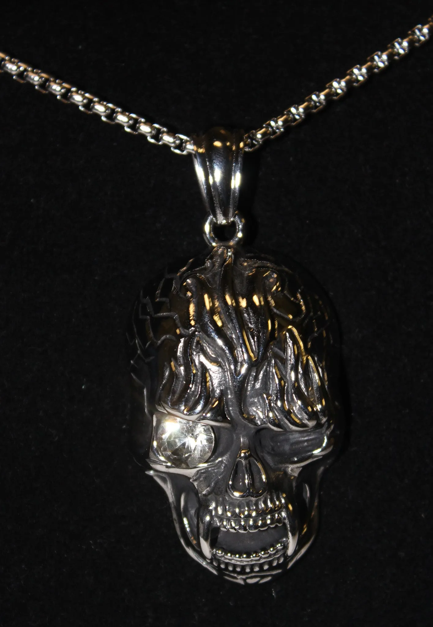 Stainless Steel Large Vampire Skull Pendant with White Stone- UDINC0475