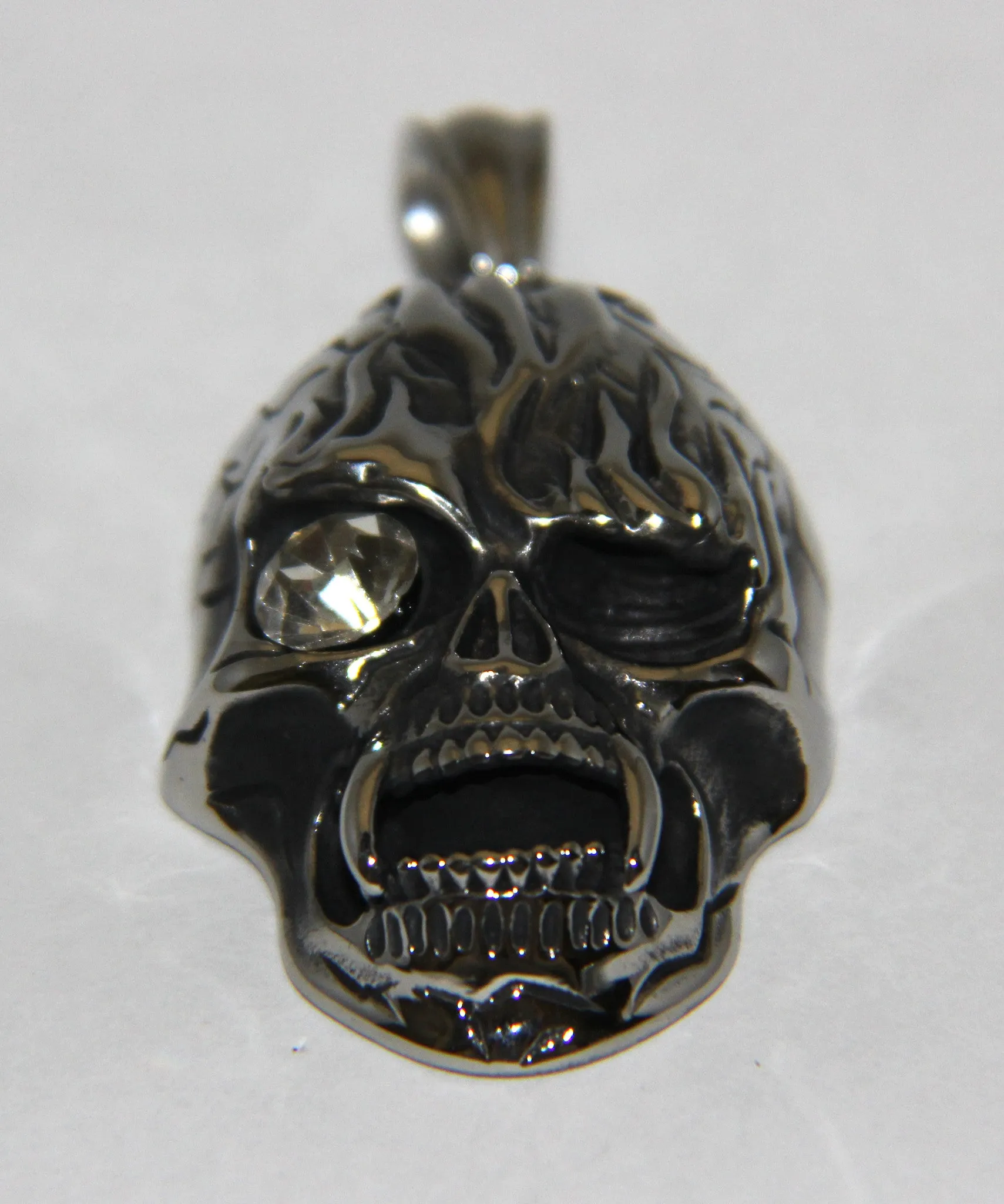 Stainless Steel Large Vampire Skull Pendant with White Stone- UDINC0475