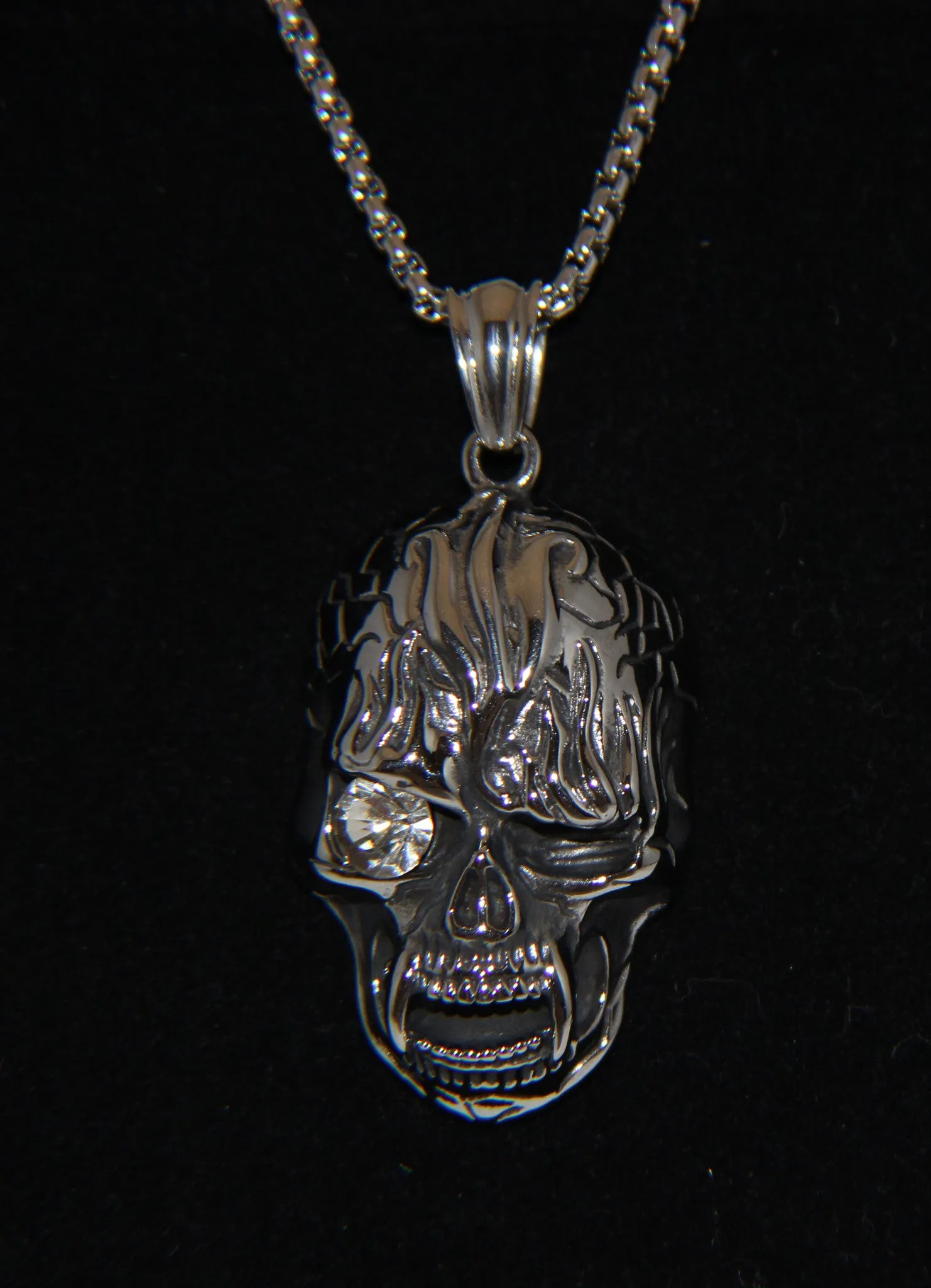 Stainless Steel Large Vampire Skull Pendant with White Stone- UDINC0475