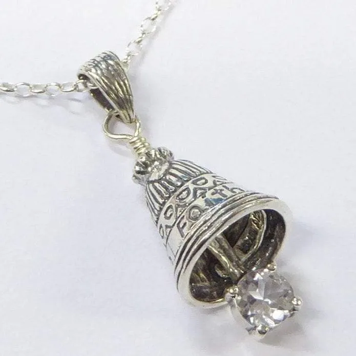 Sterling Silver Bell necklace Faith message designer jewelry. CZ zircon