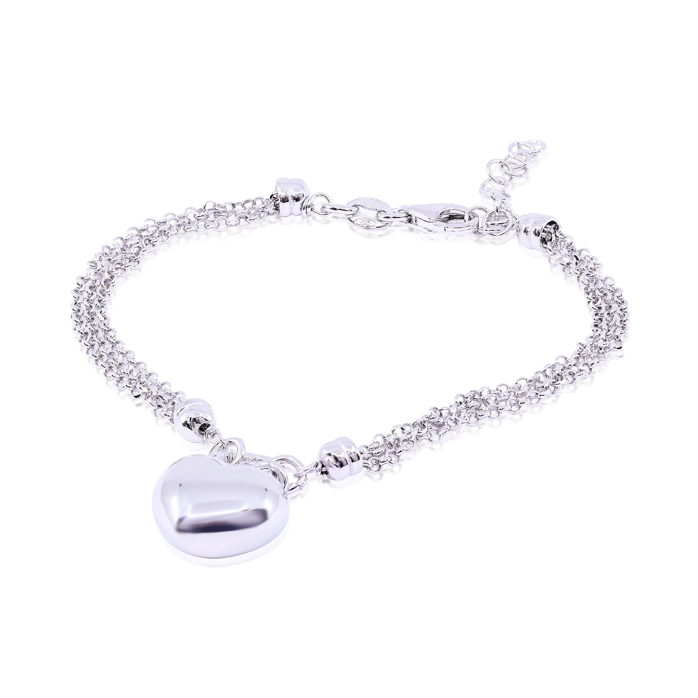 STERLING SILVER TRIPLE STRAND CABLE BRACELET WITH PUFF HEART