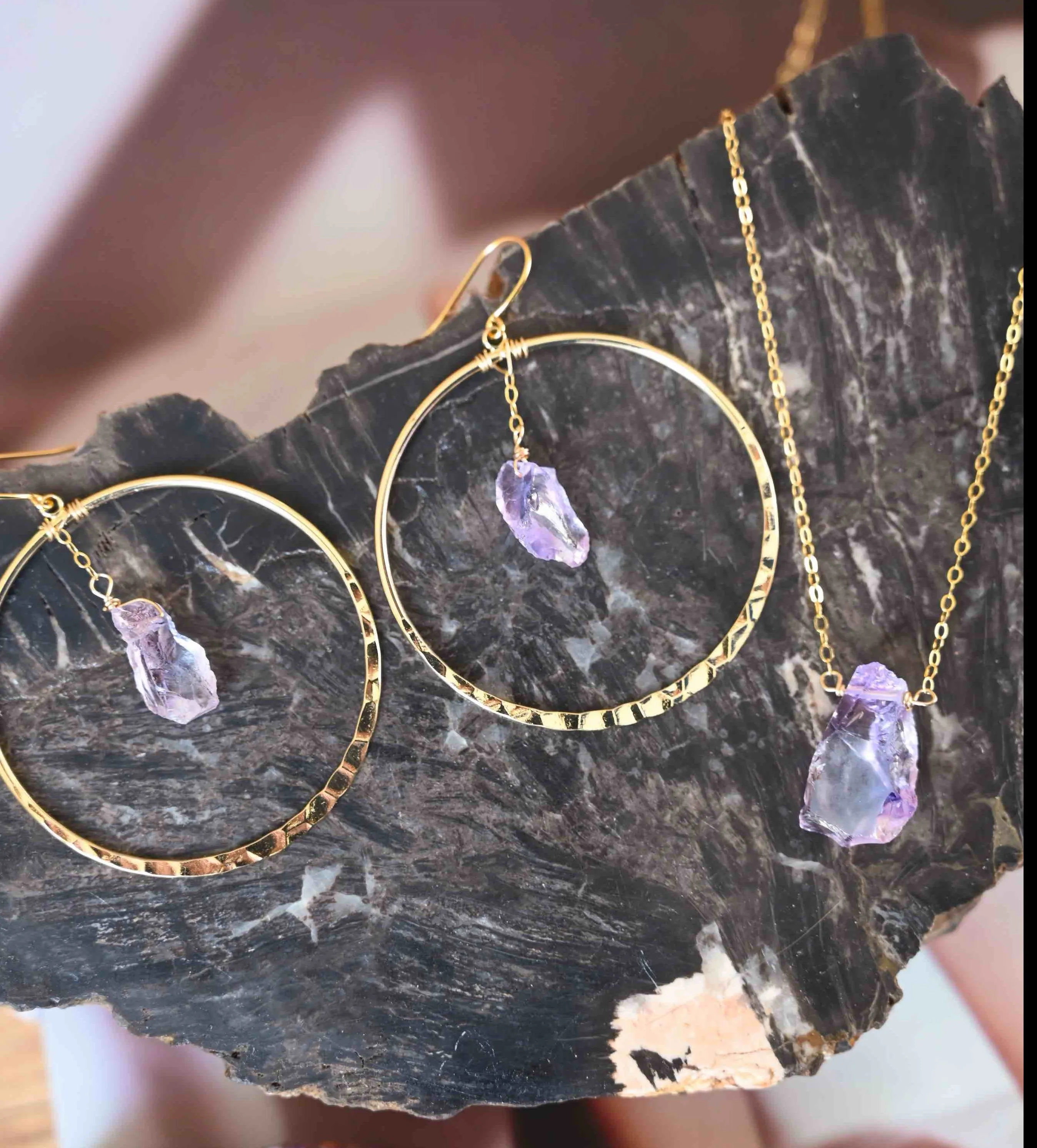 Stone Of Courage Amethyst Gold Necklace & Earring Set