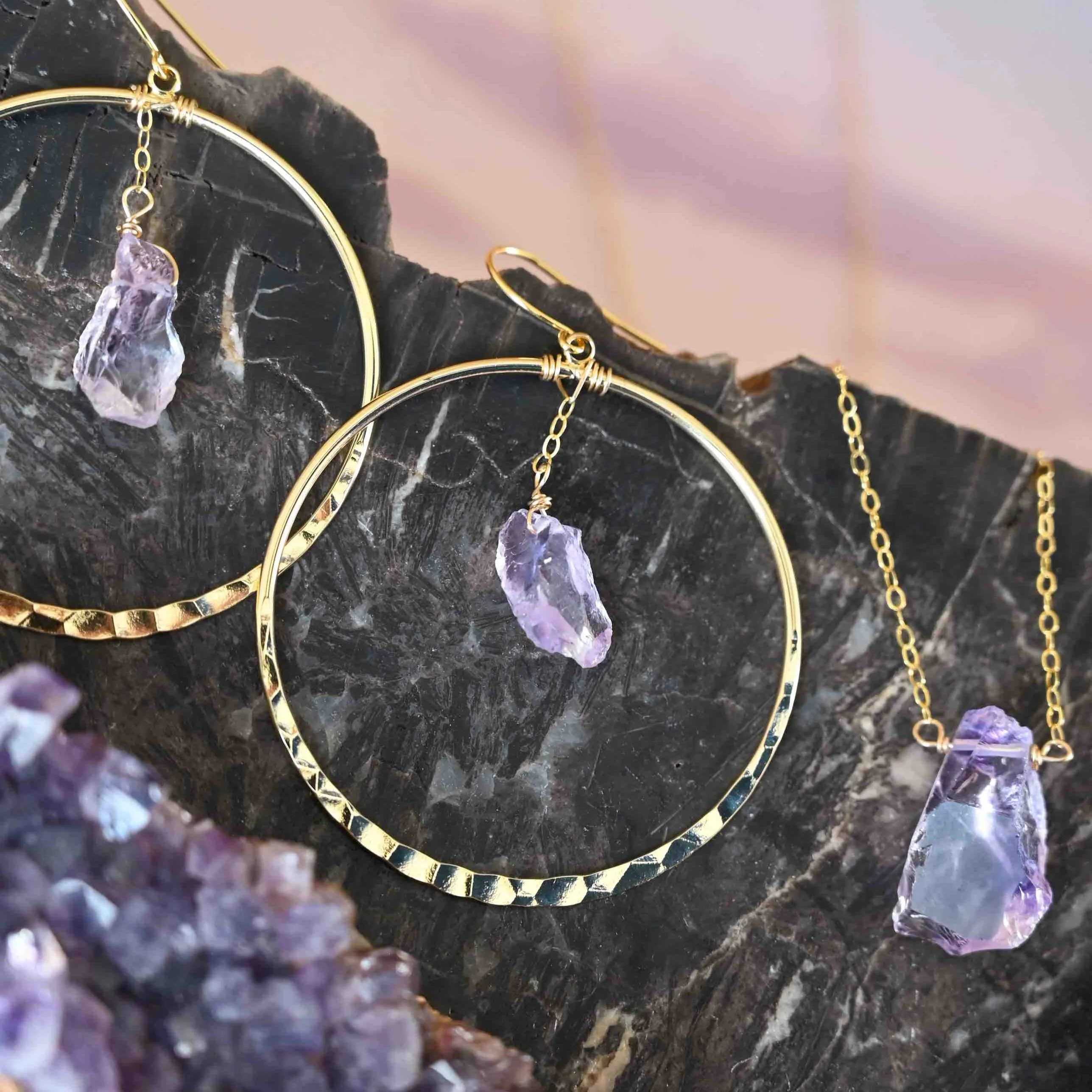 Stone Of Courage Amethyst Gold Necklace & Earring Set