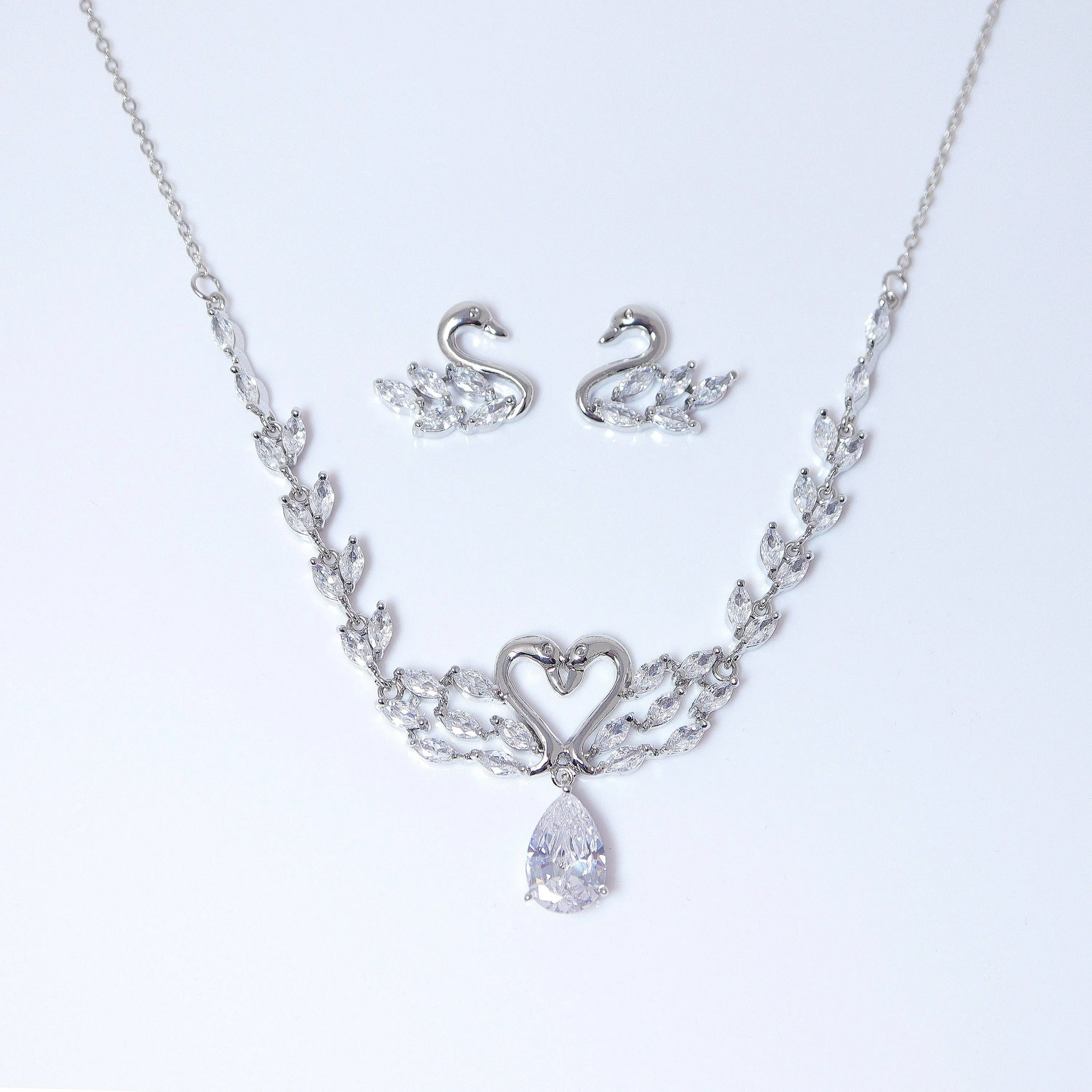 Swarovski Two Swan Heart Necklace set, Long Bridal Jewelry, Bridal Earrings And Necklace, Statement Earrings Cz Necklace Set.