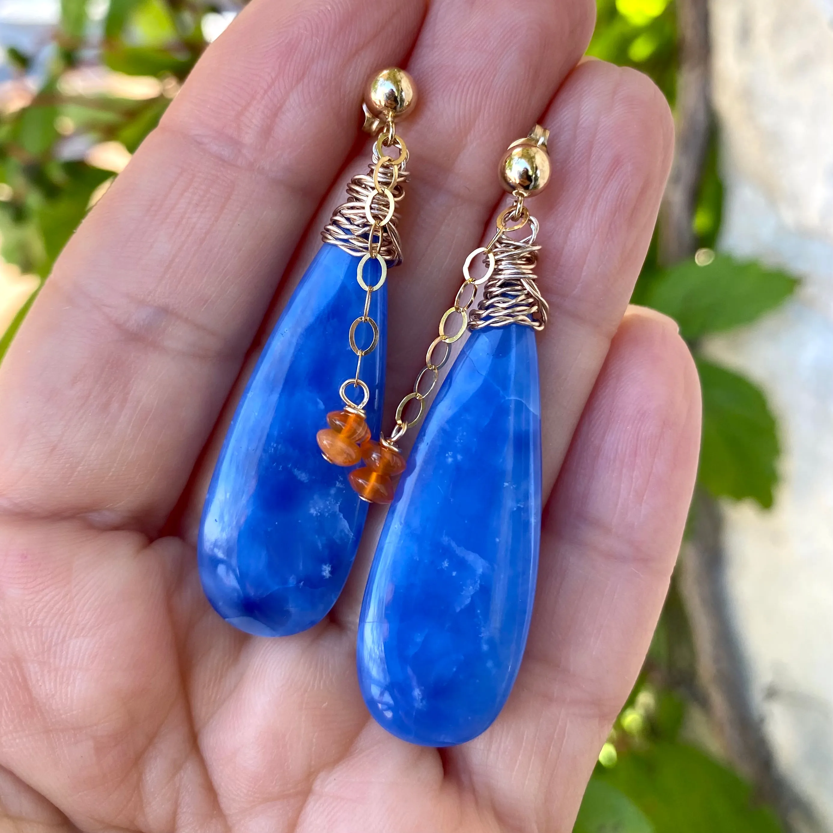 Teardrop Blue Onyx and Carnelian Earrings, Gold Filled, Artisan OOAK Jewelry