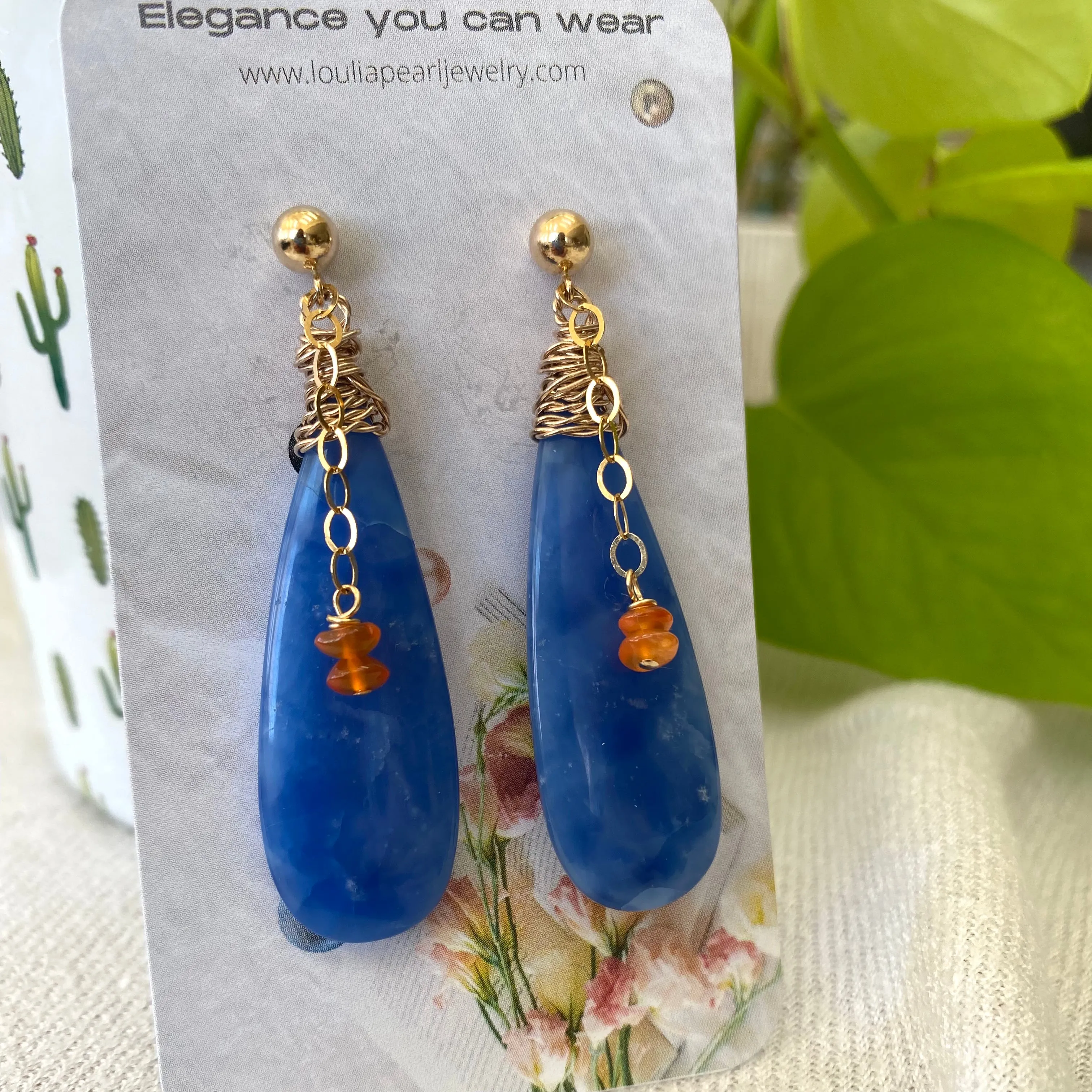 Teardrop Blue Onyx and Carnelian Earrings, Gold Filled, Artisan OOAK Jewelry