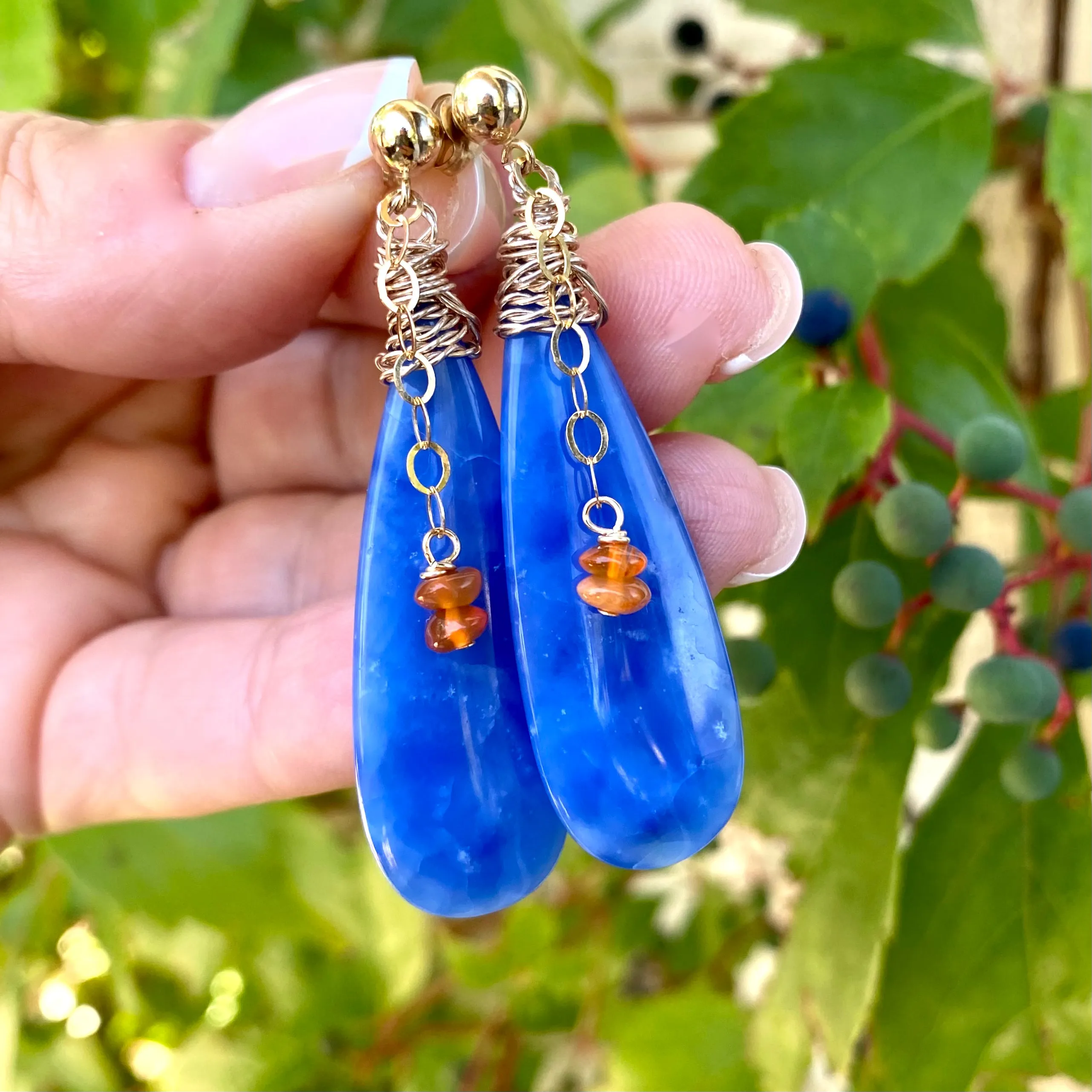 Teardrop Blue Onyx and Carnelian Earrings, Gold Filled, Artisan OOAK Jewelry