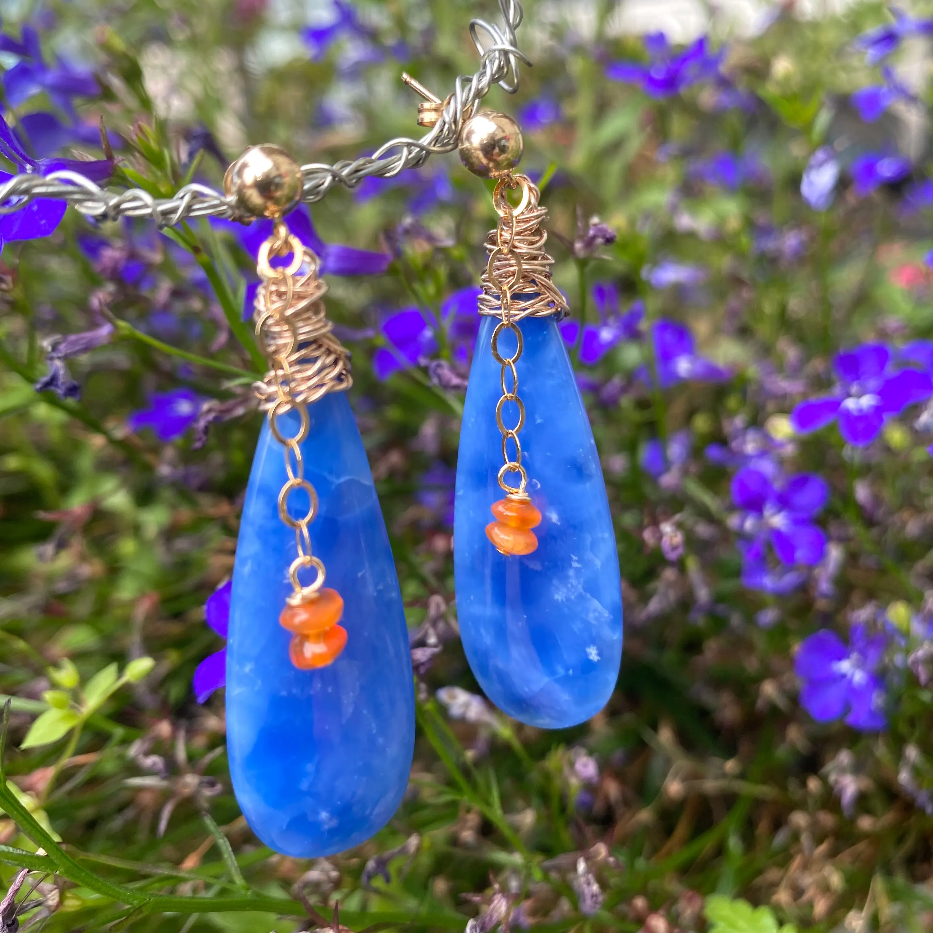 Teardrop Blue Onyx and Carnelian Earrings, Gold Filled, Artisan OOAK Jewelry