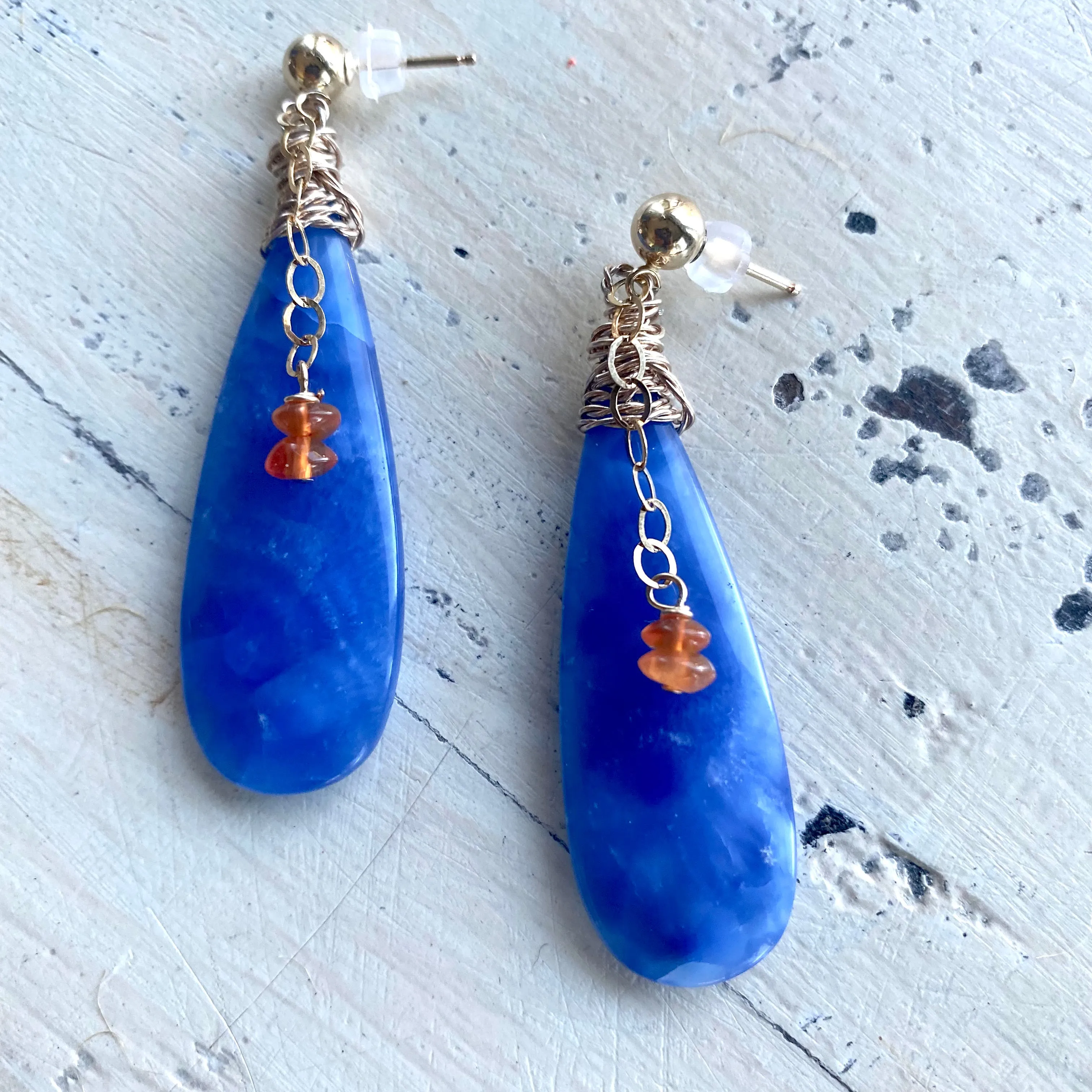 Teardrop Blue Onyx and Carnelian Earrings, Gold Filled, Artisan OOAK Jewelry