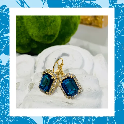 Teramasu Sapphire Blue Square Crystal with Crystal Rhinestones Leverback Gold Drop Earrings