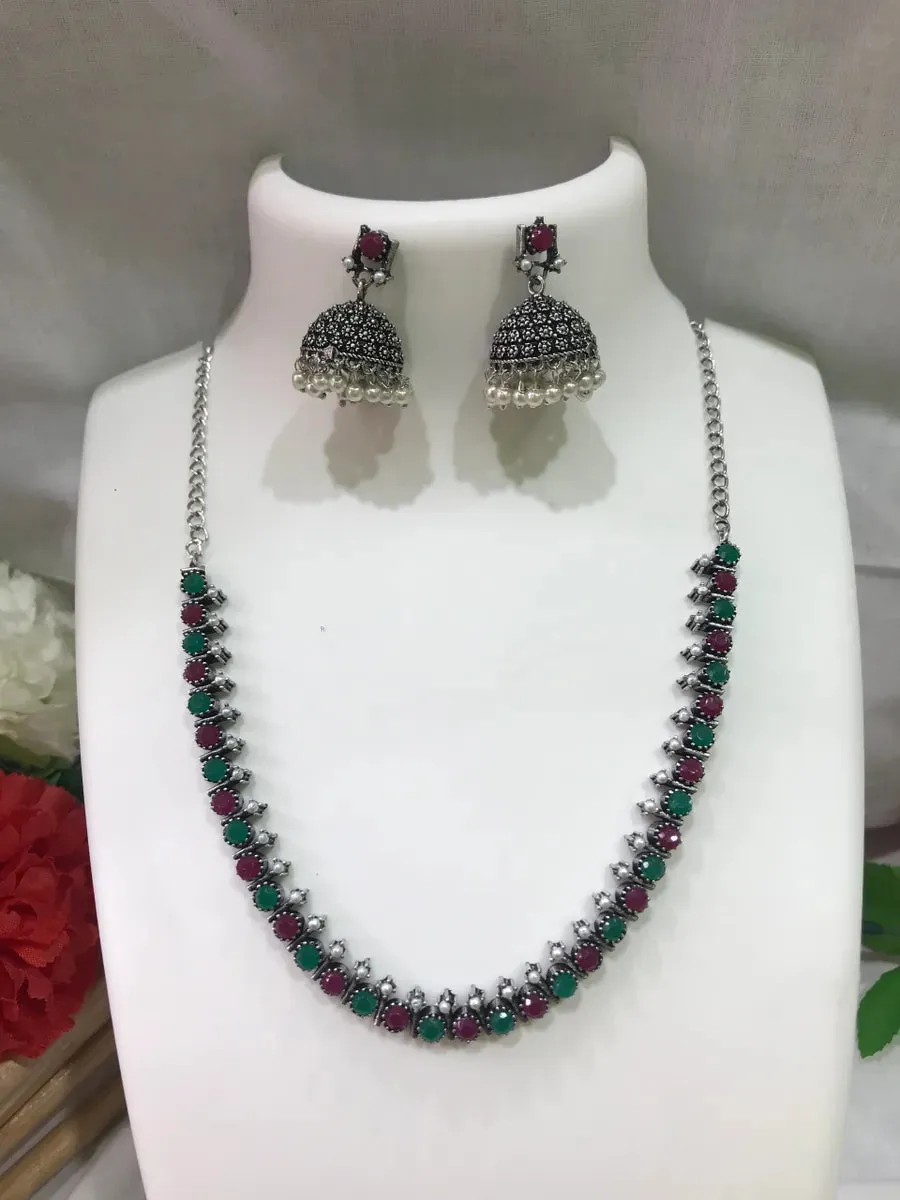 Thin Oxidized Choker Chain And Earrings Set With Emerald And Ruby Stones