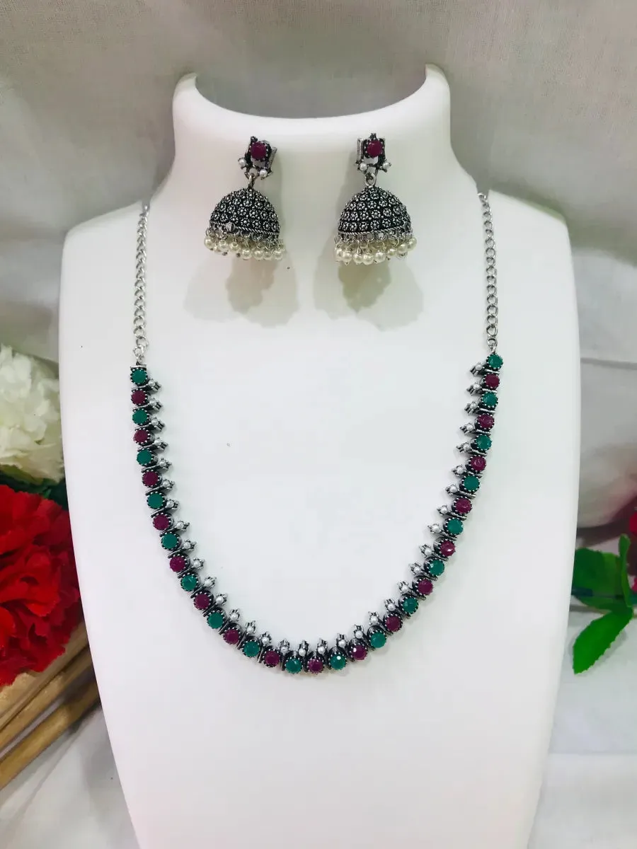 Thin Oxidized Choker Chain And Earrings Set With Emerald And Ruby Stones