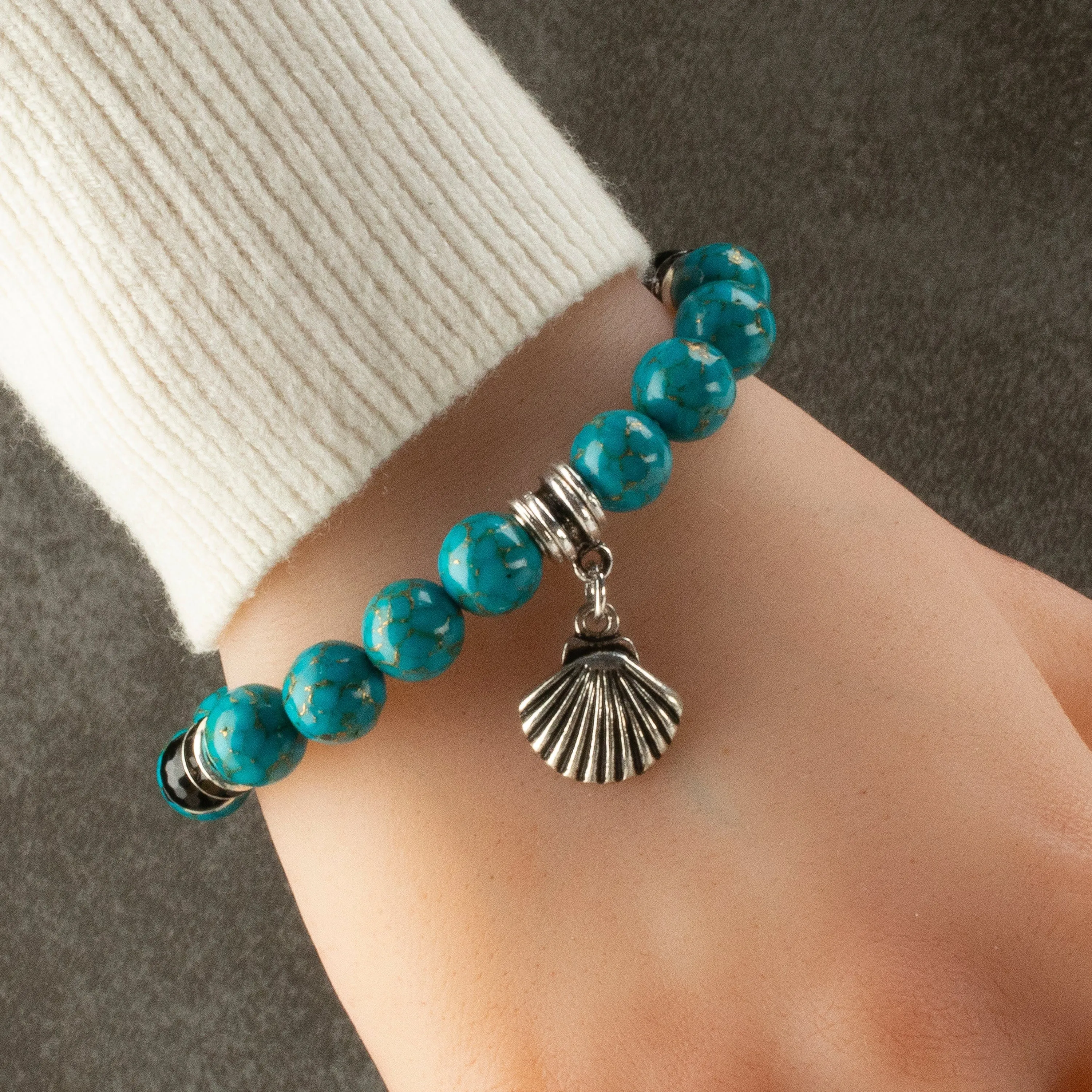 Turquoise 10mm Gemstone Elastic Bead Bracelet with Seashell Accent Bead