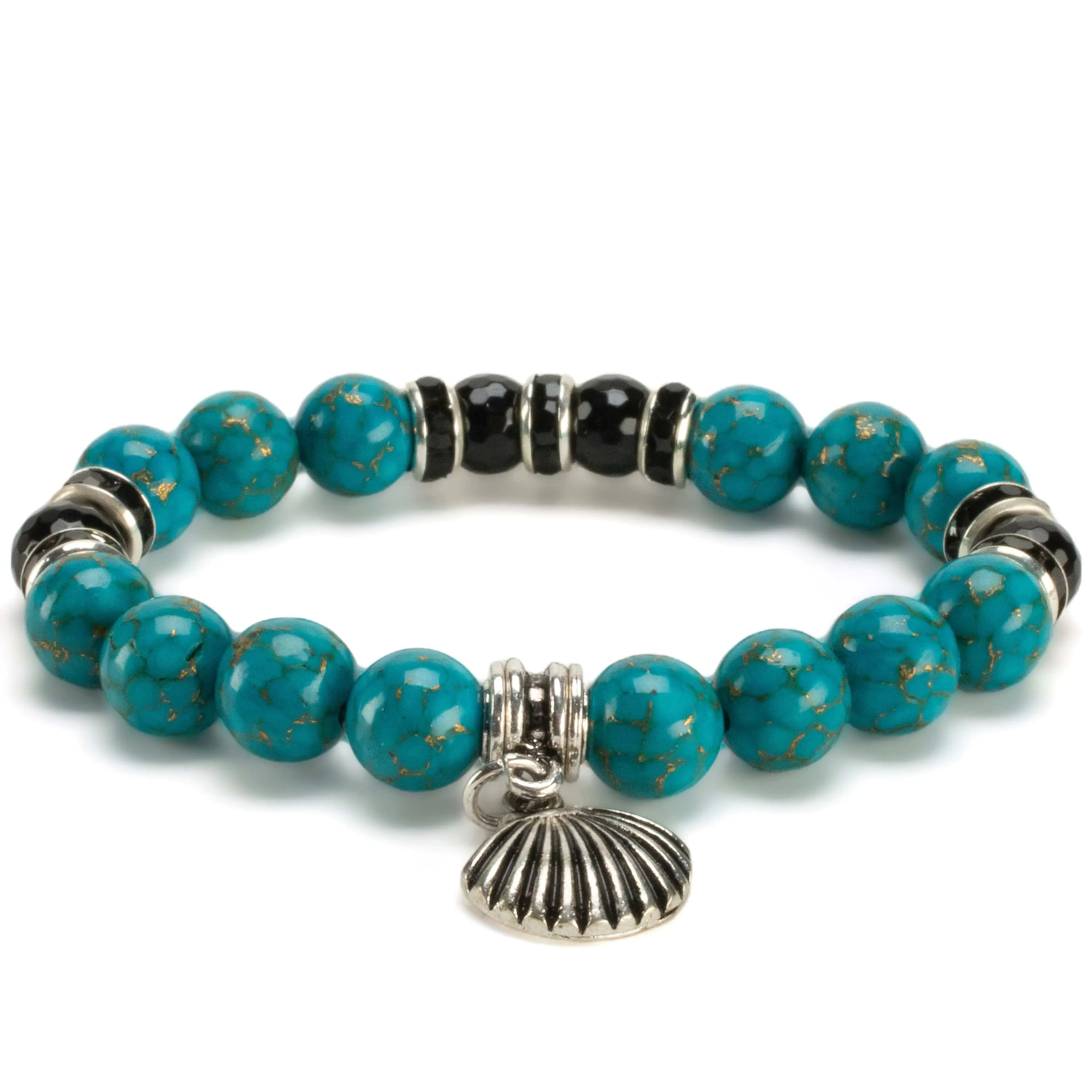 Turquoise 10mm Gemstone Elastic Bead Bracelet with Seashell Accent Bead