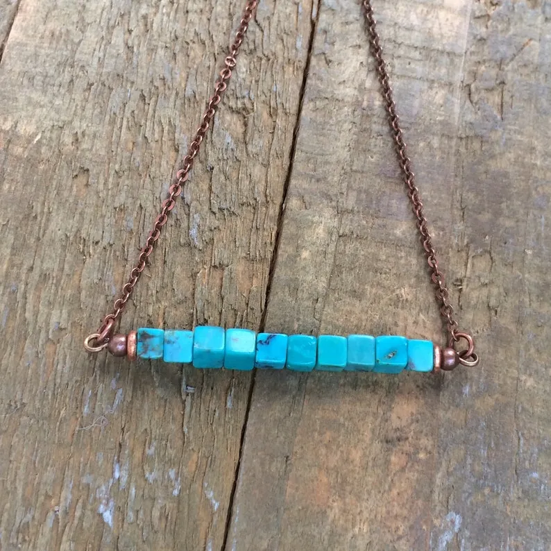 Turquoise Cube Bar Pendant Necklace with Antiqued Copper Chain