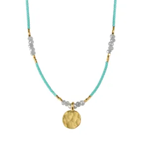 Turquoise Seed Bead Necklace with Grey Quartz & Gold Disc Drop