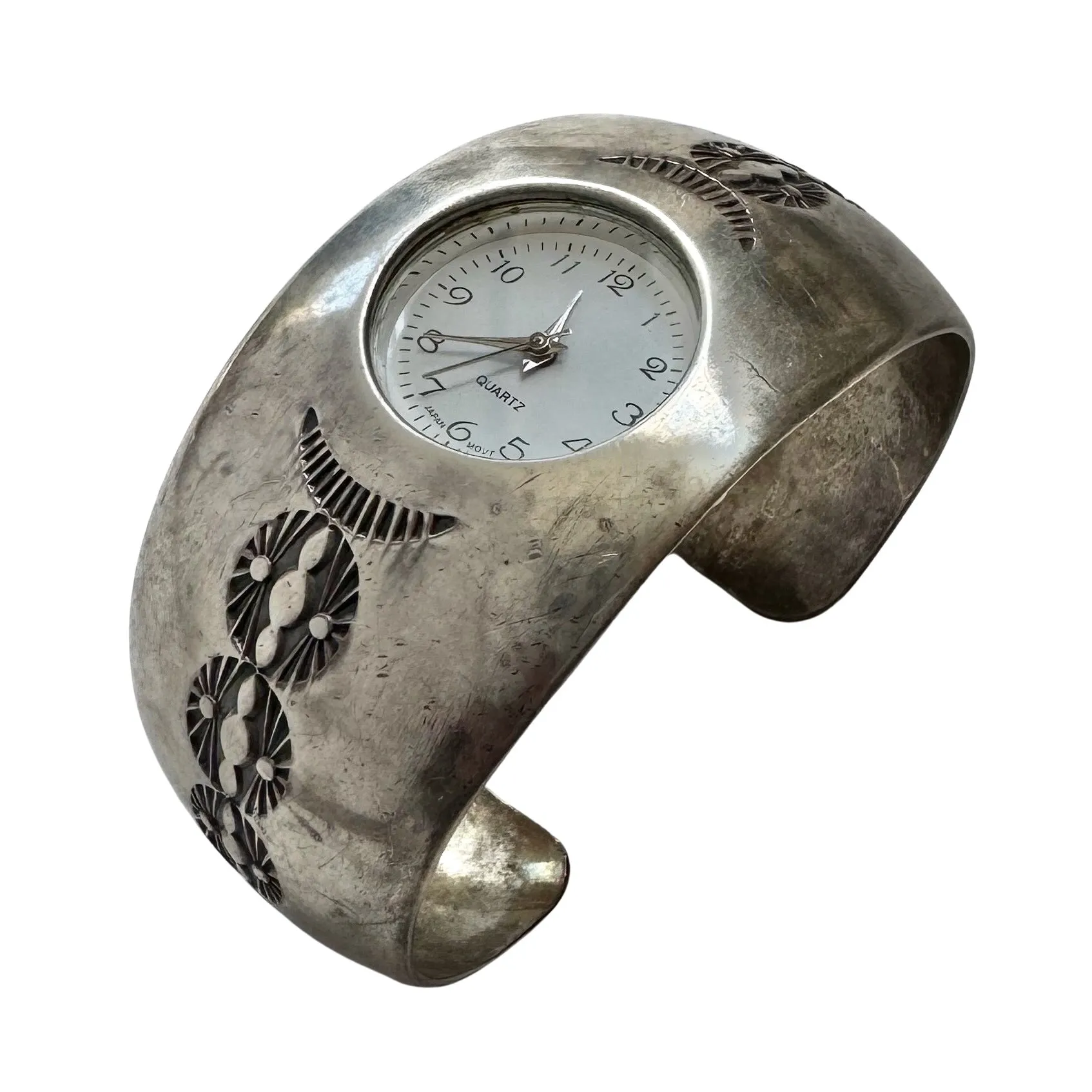 V I N T A G E // symbols of time / sterling silver cuff bracelet watch / 6.25, 49.7g