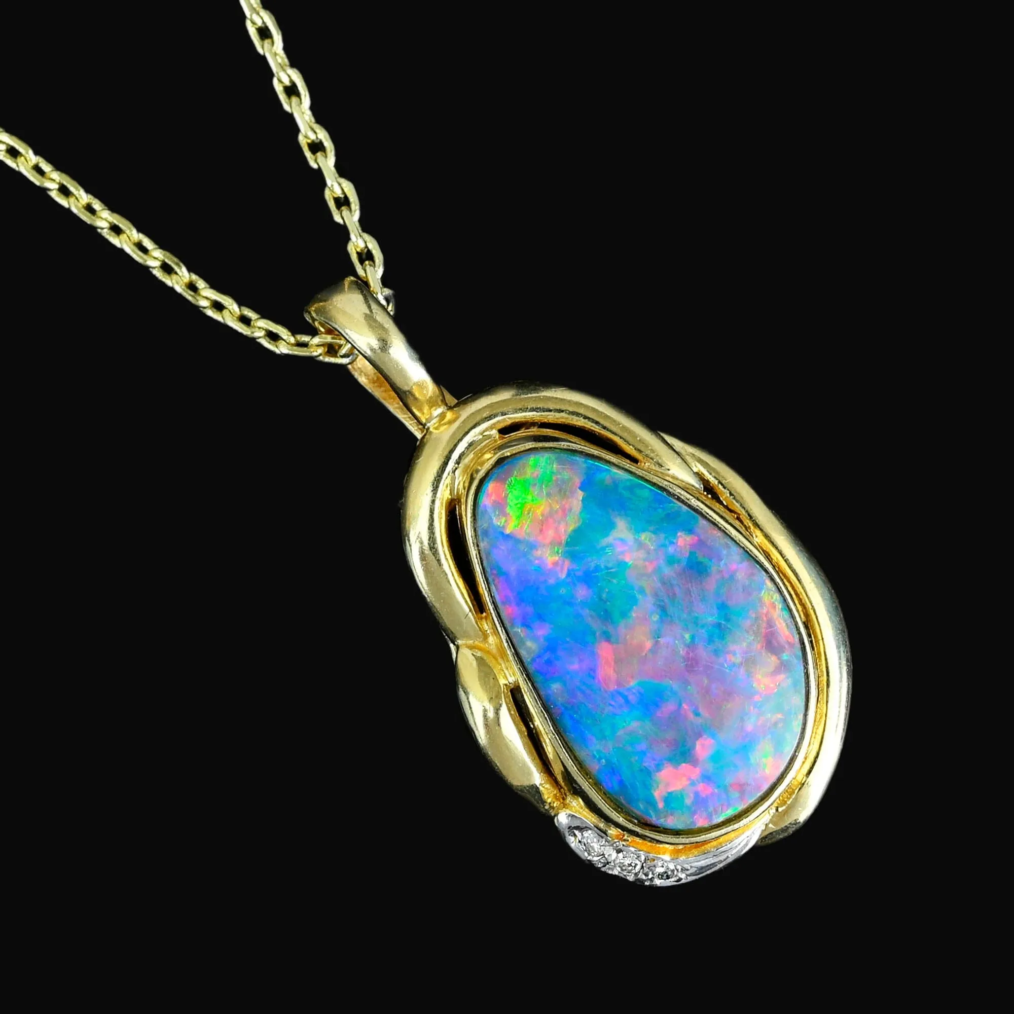 Vintage 14K Gold Diamond Boulder Opal Pendant Necklace