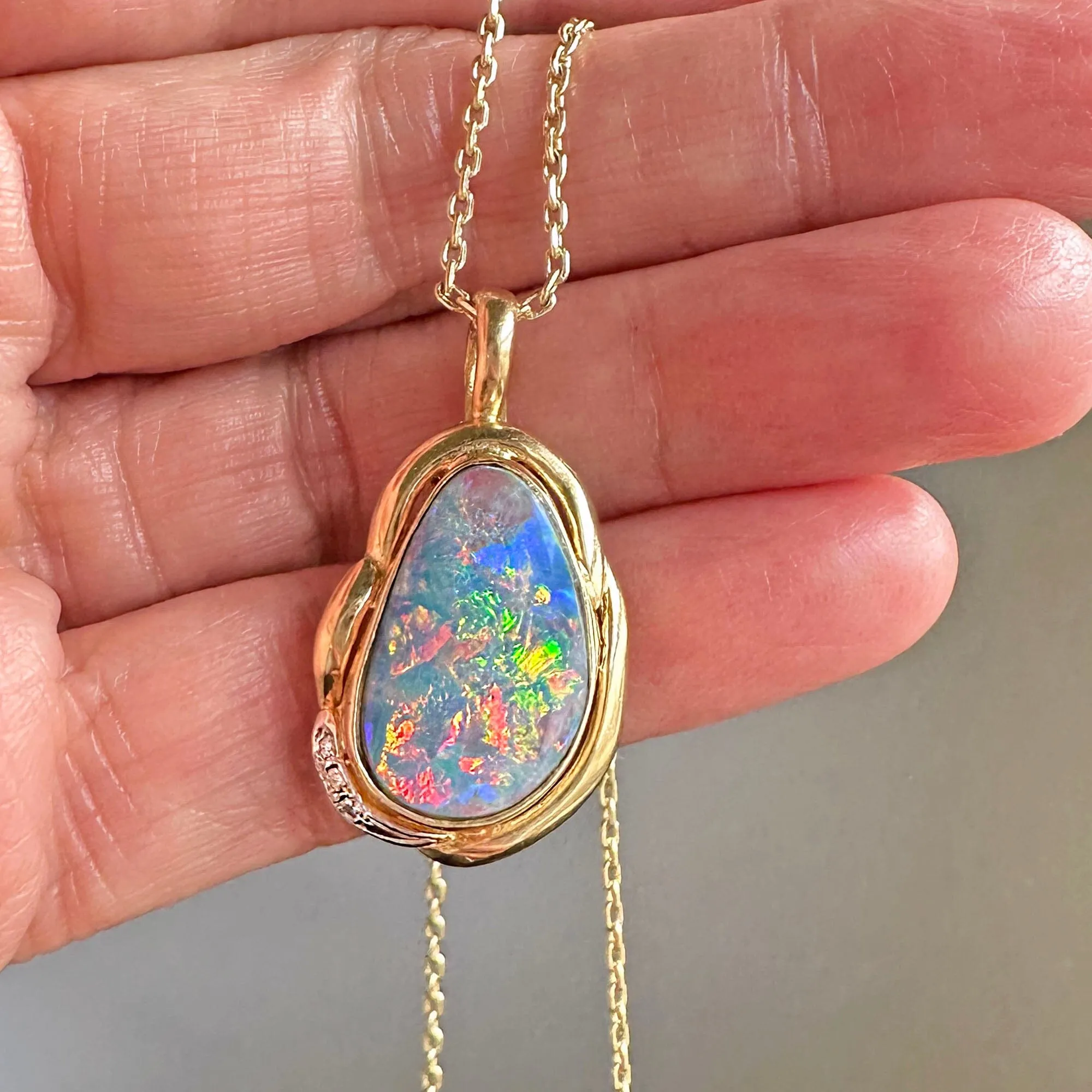 Vintage 14K Gold Diamond Boulder Opal Pendant Necklace