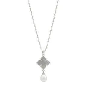 White Rhodium Plated White Mother-of-Pearl Flower With Freshwater Pearl Drop Necklace