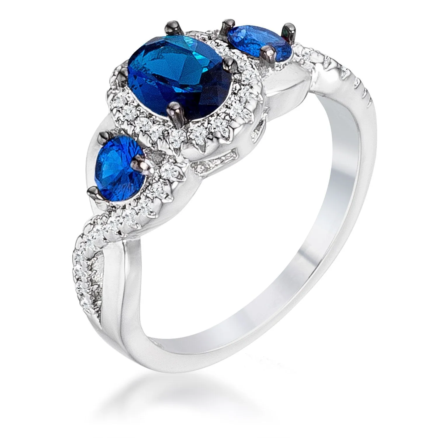 WildKlass 1.43Ct Rhodium Plated & Hematite Plated Sapphire Blue & Clear CZ Three Stone Twisted Ring