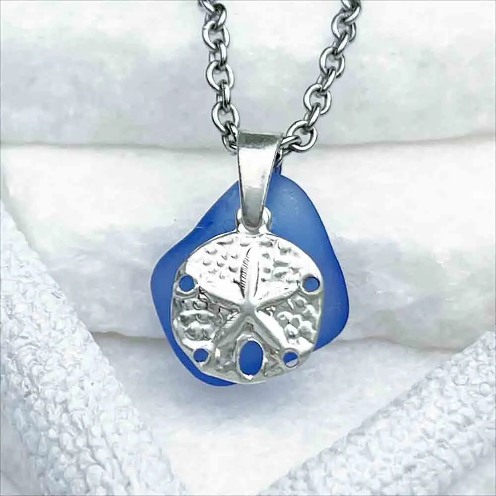 Winsome Cobalt Blue Sea Glass Pendant with Sterling Silver Sand Dollar Charm | 5251