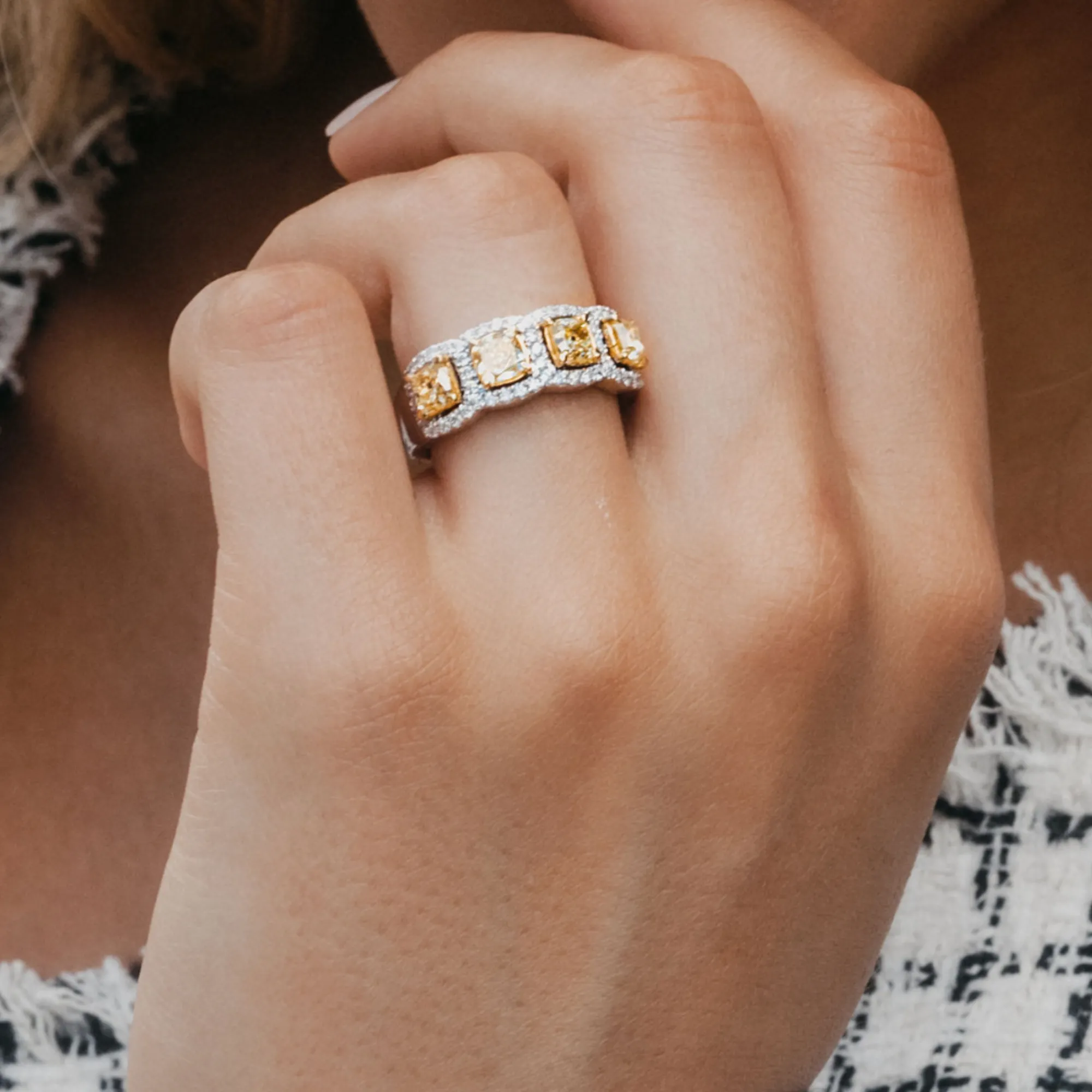 Yellow Diamond Cushions & Halos Ring