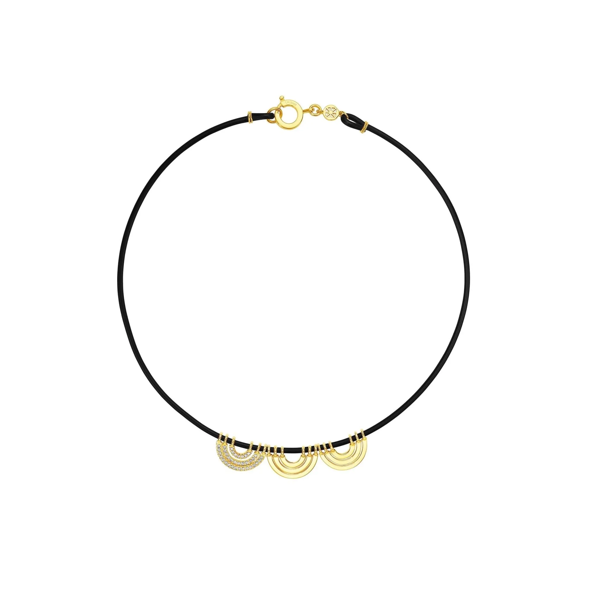 Yellow Gold Water Alternative Necklace with Black Rubber and 3 Wave Beads with Diamonds