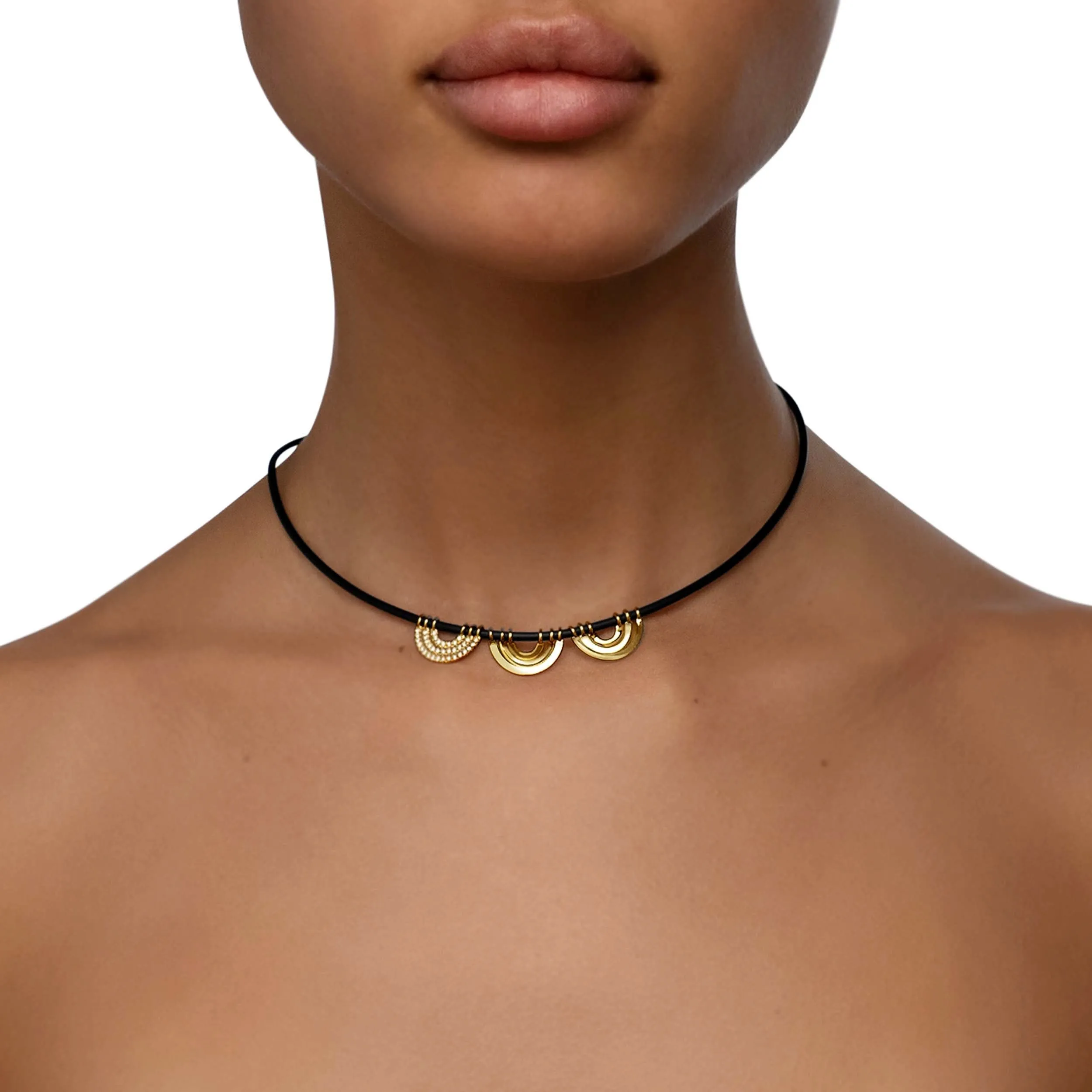 Yellow Gold Water Alternative Necklace with Black Rubber and 3 Wave Beads with Diamonds